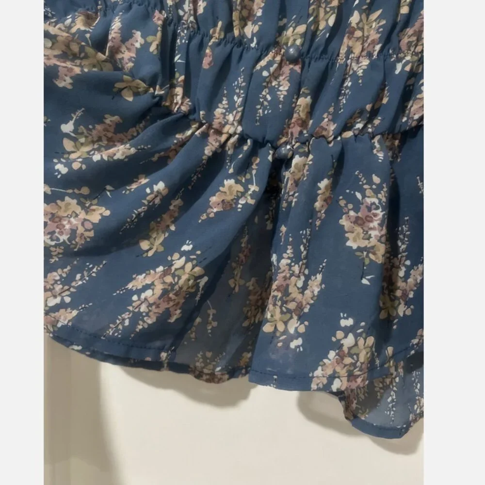 SHEIN L Blue Floral Sheer Short Sleeve Button Detail V-Neck Blouse Shirt Top - Picture 6 of 11